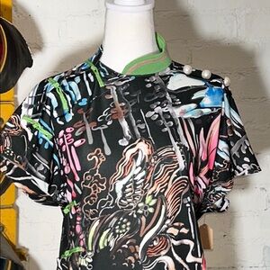 Mukzin Asian inspired Multicolor Graphic Print Dress face and dragon